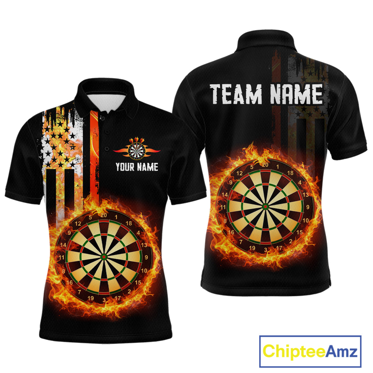 Custom Flame US Flag Darts Shirt for Men Darts Team Jerseys Dart Tournament Polo & 1/4 Zip NNT115
