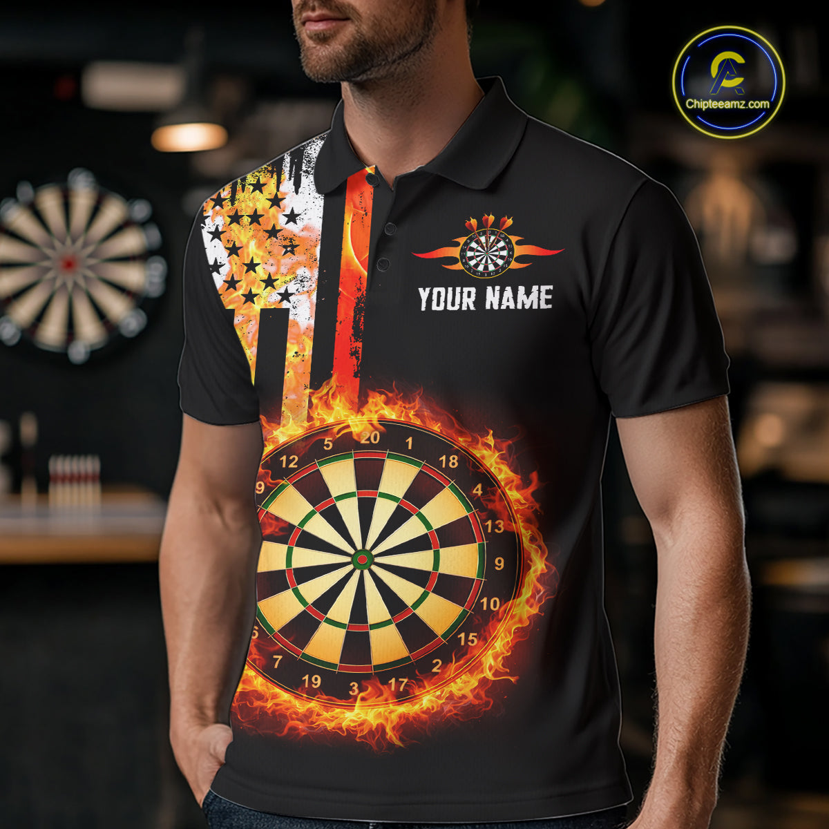 Custom Flame US Flag Darts Shirt for Men Darts Team Jerseys Dart Tournament Polo & 1/4 Zip NNT115