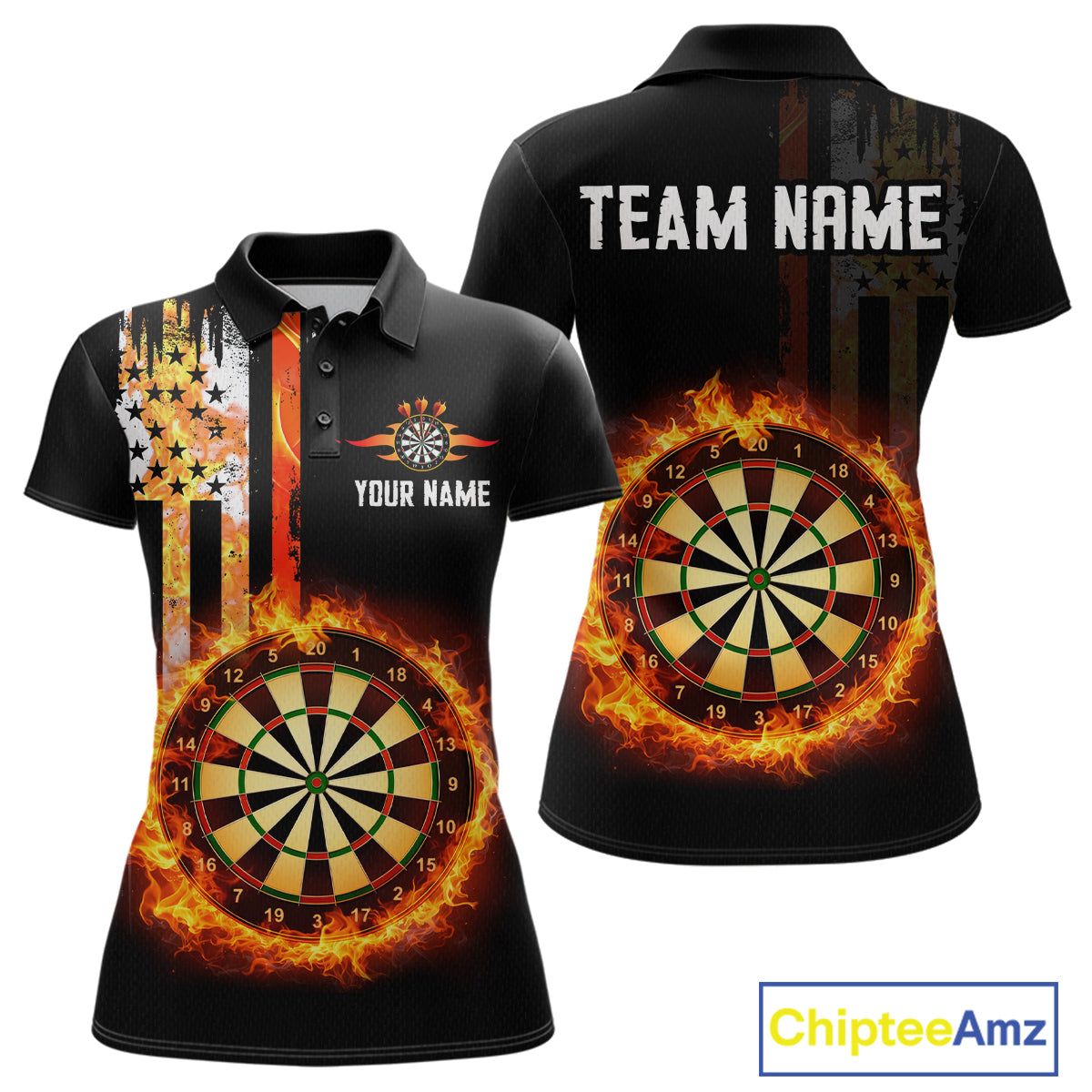Custom Flame US Flag Darts Shirt for Women Darts Team Jerseys Dart Tournament Polo & 1/4 Zip NNT115