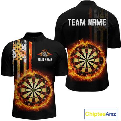 Custom Flame US Flag Darts Shirt for Men Darts Team Jerseys Dart Tournament Polo & 1/4 Zip NNT115