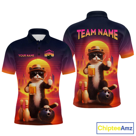 Custom Beer Cat Retro Bowling Shirt for Men Cat Funny Beer Bowling Team Jersey Polo &1/4 Zip HNT275