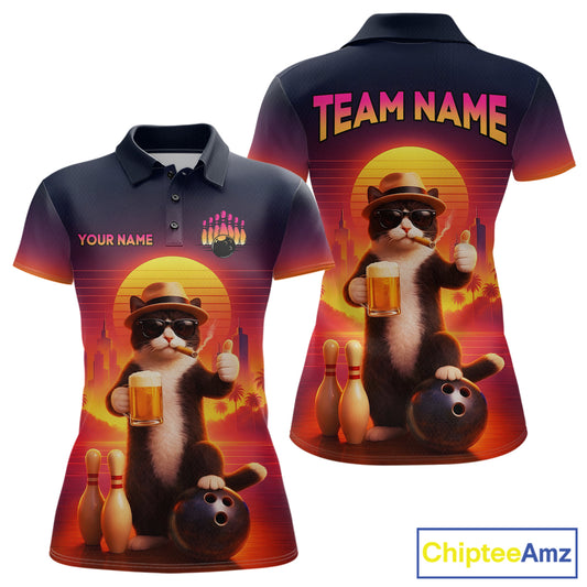 Custom Beer Cat Retro Bowling Shirt for Women Cat Funny Beer Bowling Team Jersey Polo &1/4 Zip HNT275