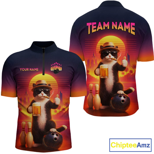 Custom Beer Cat Retro Bowling Shirt for Men Cat Funny Beer Bowling Team Jersey Polo &1/4 Zip HNT275