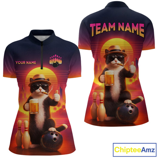 Custom Beer Cat Retro Bowling Shirt for Women Cat Funny Beer Bowling Team Jersey Polo &1/4 Zip HNT275