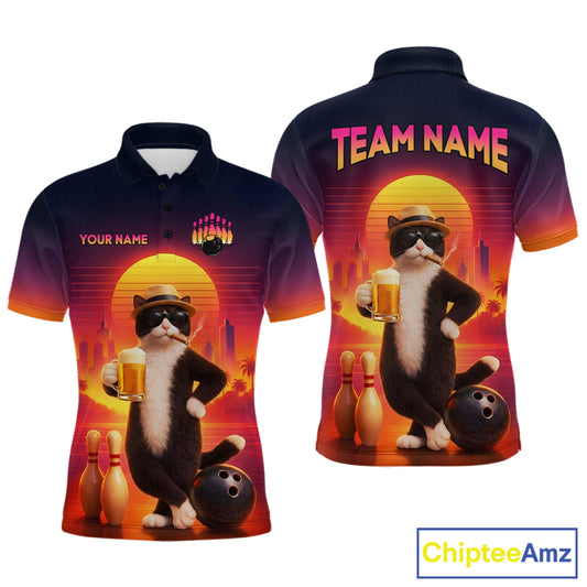 Beer Cat Funny Bowling Shirt for Men Retro Custom Cat with Beer Bowling Team Jersey HNT274