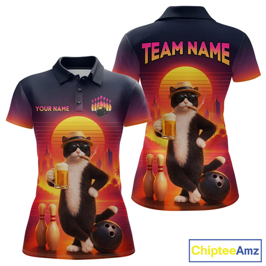 Beer Cat Funny Bowling Shirt for Women Retro Custom Cat with Beer Bowling Team Jersey HNT274