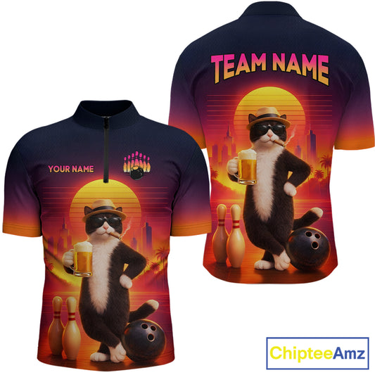 Beer Cat Funny Bowling Shirt for Men Retro Custom Cat with Beer Bowling Team Jersey HNT274