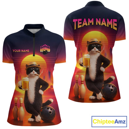 Beer Cat Funny Bowling Shirt for Women Retro Custom Cat with Beer Bowling Team Jersey HNT274