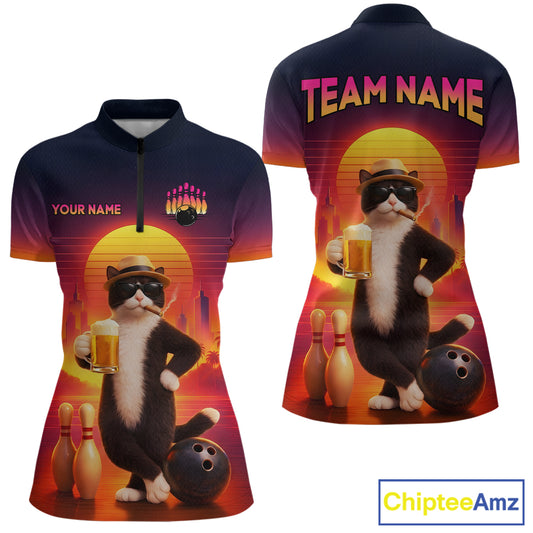 Beer Cat Funny Bowling Shirt for Women Retro Custom Cat with Beer Bowling Team Jersey HNT274
