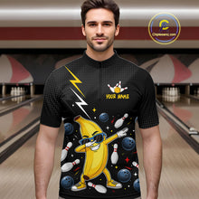 Load image into Gallery viewer, Man wearing a black bowling quarter zip with a cartoon banana character in a bowling alley.
