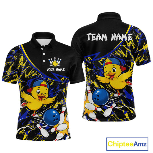 Black polo shirt with cartoon duck character and bowling elements, customizable text on a white background.