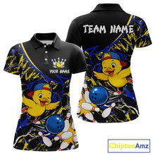 Load image into Gallery viewer, Black polo shirt with cartoon duck design and customizable text on a white background