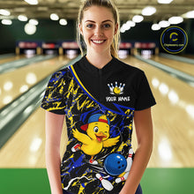 Load image into Gallery viewer, Person wearing a bowling shirt with a cartoon duck design in a bowling alley.