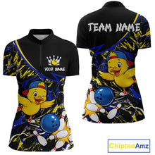 Load image into Gallery viewer, Bowling-themed shirt with cartoon duck design and customizable text on a black background