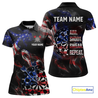 Custom US Flag Aim Shoot Swear Repeat Darts Shirt for Women Darts Team Jerseys Polo & 1/4 Zip NNT114