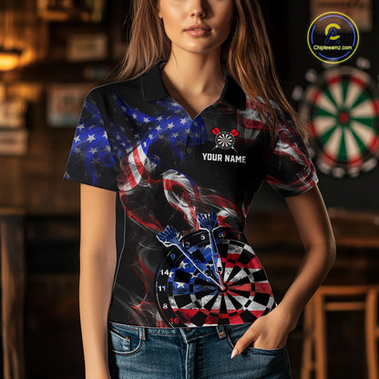 Custom US Flag Aim Shoot Swear Repeat Darts Shirt for Women Darts Team Jerseys Polo & 1/4 Zip NNT114