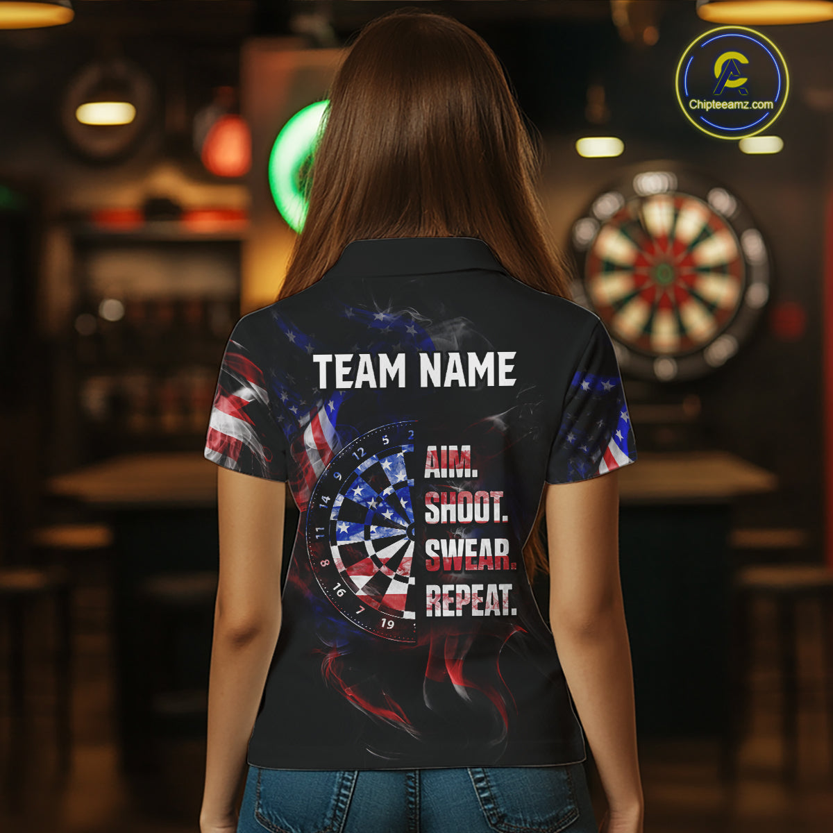 Custom US Flag Aim Shoot Swear Repeat Darts Shirt for Women Darts Team Jerseys Polo & 1/4 Zip NNT114
