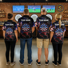 Load image into Gallery viewer, Four people wearing black darts polo featuring patriotic American flag smoke graphics, dartboards, blue darts, and custom team and player name text.