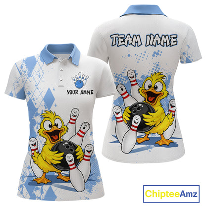 A women's short-sleeve polo shirt shown from the front and back, featuring a cartoon yellow duck bowling with white bowling pins and blue splash graphics. The shirt has a light blue collar and sleeve cuffs, customizable text on the front chest, and 'TEAM NAME' printed on the back.