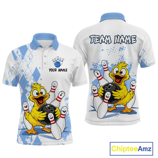 Front and back views of a white short-sleeve polo shirt with a blue collar, featuring a cartoon yellow duck bowling graphic on the front and back, customizable text placeholders, and a ChipteeAmz logo in the bottom right corner.