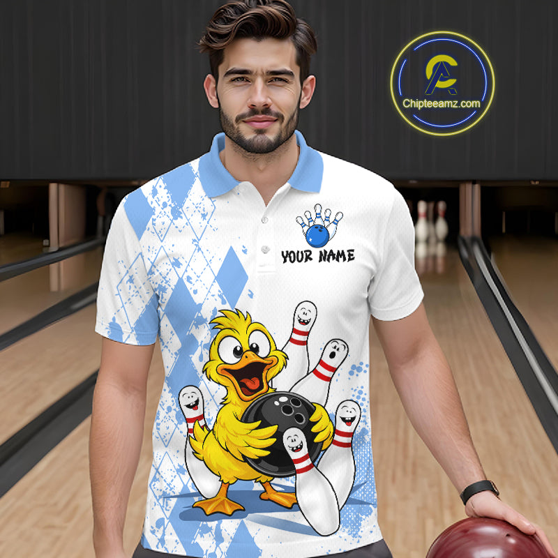 A man wearing a white and light blue bowling-themed polo shirt with a cartoon yellow duck holding bowling pins, set against a bowling alley background. A circular 'Chipleamz.
