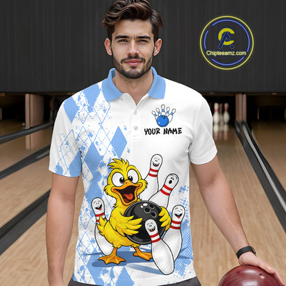 A man wearing a white and light blue bowling-themed polo shirt with a cartoon yellow duck holding bowling pins, set against a bowling alley background. A circular 'Chipleamz.