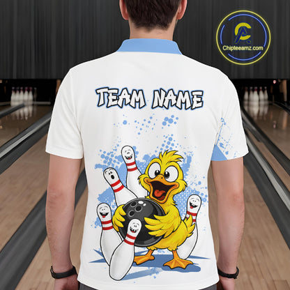 A man viewed from behind wearing a white short-sleeve polo shirt with a light blue collar and sleeve trim. The back of the shirt features a large cartoon yellow duck holding a bowling ball with bowling pins around it, and the text 'TEAM NAME' across the upper back.
