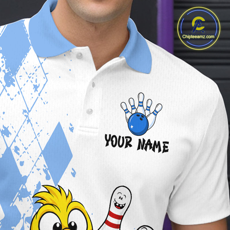 A close-up of a person wearing a white and light blue polo shirt with bowling-themed graphics, including a bowling pin and ball design, the text 'YOUR NAME', and cartoon bowling pins. A circular 'Chipsteamz.