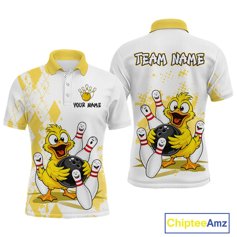 Customizable white and yellow bowling-themed polo shirt shown from both front and back. The front features a cartoon yellow duck holding a bowling ball with bowling pins, and the back has a larger version of the graphic along with 'TEAM NAME' and 'YOUR NAME' placeholder text.