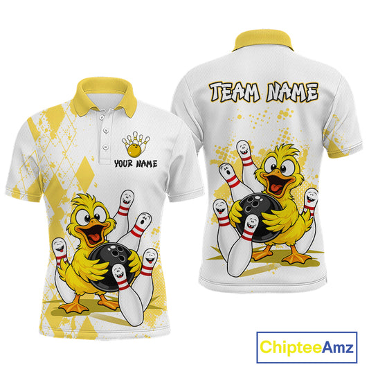 Customizable white and yellow bowling-themed polo shirt shown from both front and back. The front features a cartoon yellow duck holding a bowling ball with bowling pins, and the back has a larger version of the graphic along with 'TEAM NAME' and 'YOUR NAME' placeholder text.