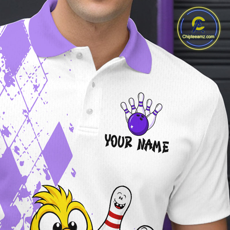 A close-up of a white short-sleeve polo shirt with a purple collar, featuring bowling-themed graphics including a purple bowling ball and pin hand, the text 'YOUR NAME', and cartoon bowling pins and balls. A circular 'Chipteeamz.