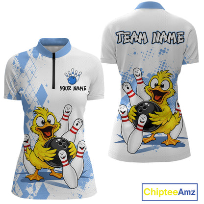 Front and back views of a women's short-sleeve bowling-themed polo shirt. The shirt has a white base with light blue diamond patterns, a blue collar, and a large cartoon yellow duck holding a black bowling ball with white bowling pins.