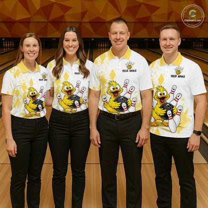 Four people standing together in a bowling alley wearing matching white and yellow bowling shirts with a cartoon bird graphic, paired with black pants.