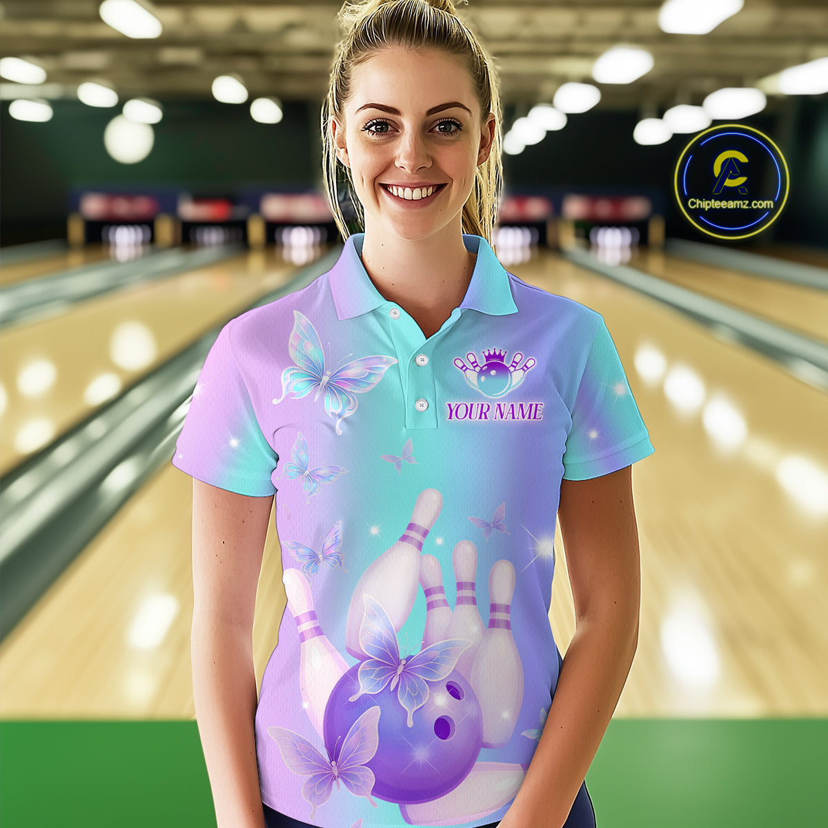 Custom Neon Butterfly Bowling Jersey for Women Bowling Team Shirts Bowling League Polo & 1/4 Zip HNT172
