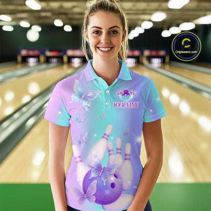 Custom Neon Butterfly Bowling Jersey for Women Bowling Team Shirts Bowling League Polo & 1/4 Zip HNT172