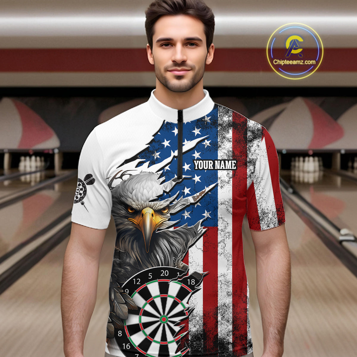 Custom American Flag Eagle Dart Shirts for Men Darts Team Jerseys Polo & 1/4 Zip NNT138