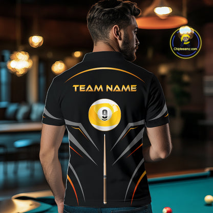 Custom Black and Gold 9 Ball Pool Billiard Shirt for Men Polo & 1/4 Zip Billiard Team Jerseys NNT158