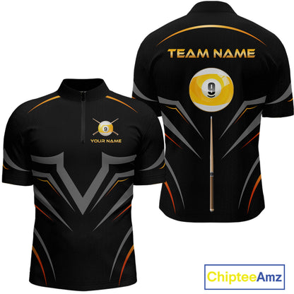 Custom Black and Gold 9 Ball Pool Billiard Shirt for Men Polo & 1/4 Zip Billiard Team Jerseys NNT158