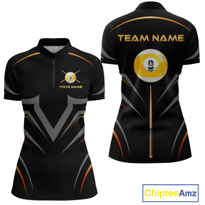 Custom Black and Gold 9 Ball Pool Billiard Shirt for Women Polo & 1/4 Zip Billiard Team Jerseys NNT158