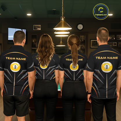 Custom Black and Gold 9 Ball Pool Billiard Shirt for Women Polo & 1/4 Zip Billiard Team Jerseys NNT158