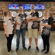 Load image into Gallery viewer, Four people beige and black darts polo featuring a bald eagle, torn-flag graphics, dartboard designs, and custom team text.