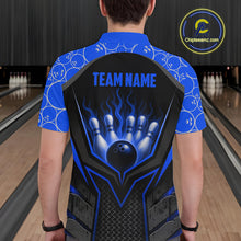 Load image into Gallery viewer, Person wearing a blue and black bowling shirt with 'Team Name' on a bowling alley background