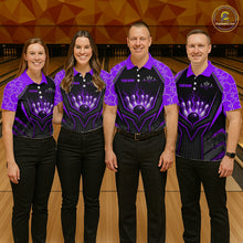 Load image into Gallery viewer, Four people wearing matching purple and black bowling shirts on a bowling alley.
