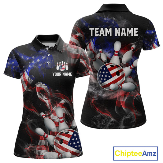 Front and back views of a black patriotic bowling polo with smoky flag graphics, custom team text, and an American flag bowling ball striking pins.