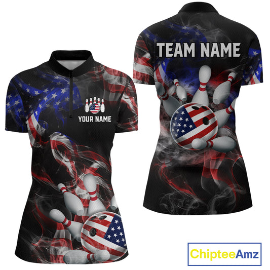 Front and back views of a black patriotic bowling quarter zip with smoky flag graphics, custom team text, and an American flag bowling ball striking pins.