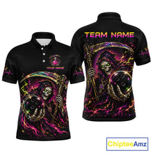 Load image into Gallery viewer, Black polo shirt with colorful graphic design and 'Team Name' text on a white background