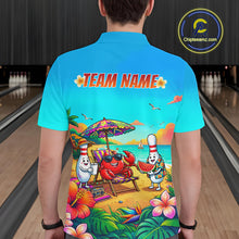 Load image into Gallery viewer, Man wearing a turquoise beach-themed bowling polo with tropical flowers, a crab on a lounge chair, bowling pin characters, and custom team text.