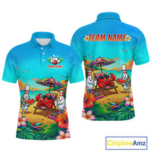 Load image into Gallery viewer, Front and back views of a turquoise beach-themed bowling polo with tropical flowers, a crab on a lounge chair, bowling pin characters, and custom team text.