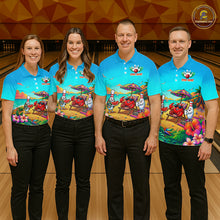 Load image into Gallery viewer, Four people wearing colorful bowling shirts with cartoon characters on a bowling alley.