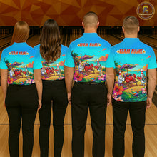 Load image into Gallery viewer, Four people wearing colorful bowling alley-themed shirts with 'Team Name' text on a bowling alley background.